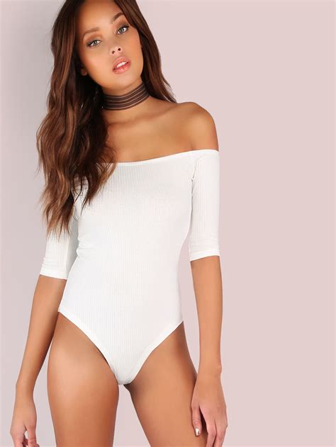 Off Shoulder Rib Knit Bodysuit SheIn Sheinside