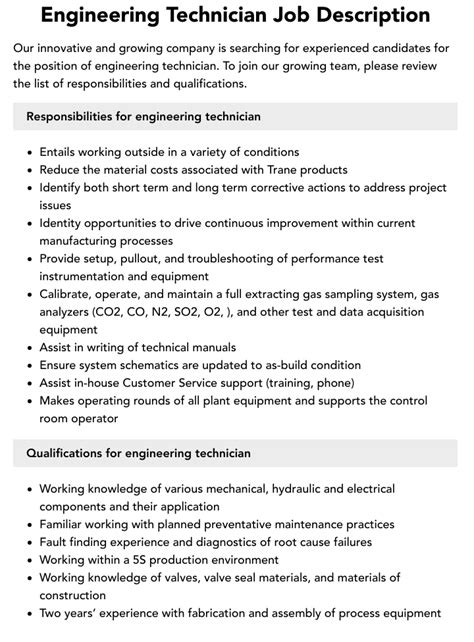 Engineering Technician Job Description | Velvet Jobs