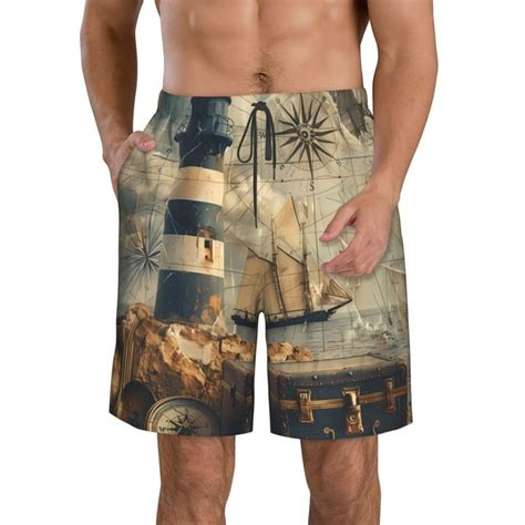 Adobk Vintage Nautical Lighthouse Print Mens Swim Trunks Hawaiian