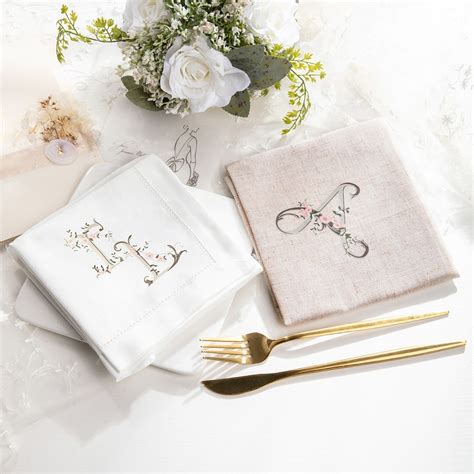 Custom Floral Letter Embroidered Linen Napkin Personalized Embroidered