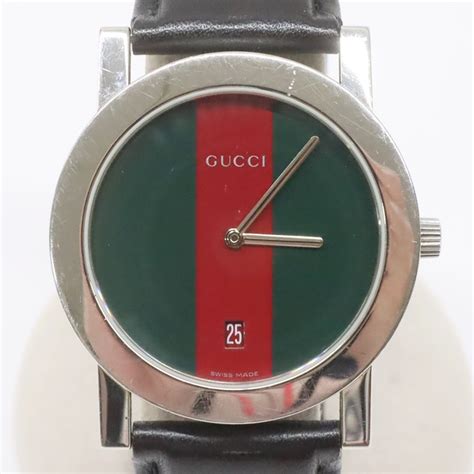 Gucci グッチ シェリーライン文字盤 腕時計 5200m 電池交換済 動品 クォーツ レザーベルト デイト 赤 緑 メンズ 男性用 ｜売買されたオークション情報、yahooの商品情報を