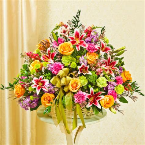 Sympathy Arrangement In Basket Large Multicolor Pastel Mixed Flowers