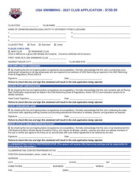 Fillable Online Usa Swimming Club Application Fax