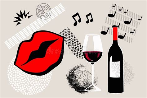 Art Collage Party Concept With Wine And Red Lips Music Piano Notes