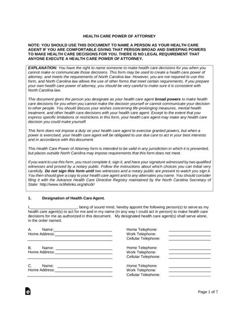 Free North Carolina Medical Power Of Attorney Form Pdf Word Eforms