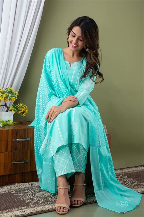 Blue Cotton Embroidered Kurti Pant Dupatta Set For Women With Silver Touch Fabric And Gotta Work