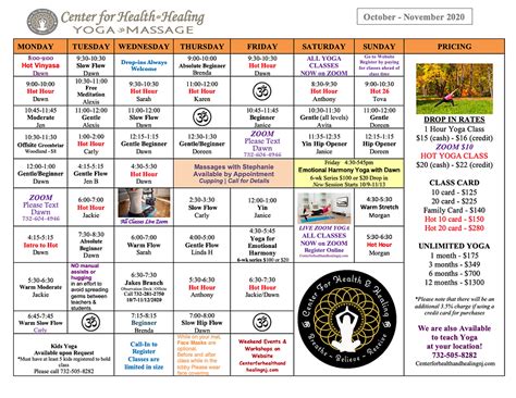 Yoga Schedule Center For Health And Healing