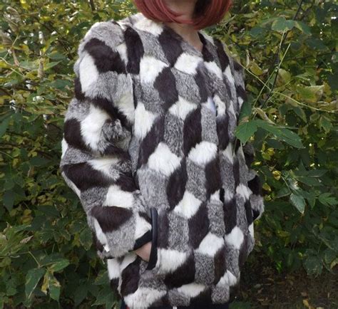 70s Vintage Rabbit Fur Illusion Patchwork Jacket Xs S Etsy