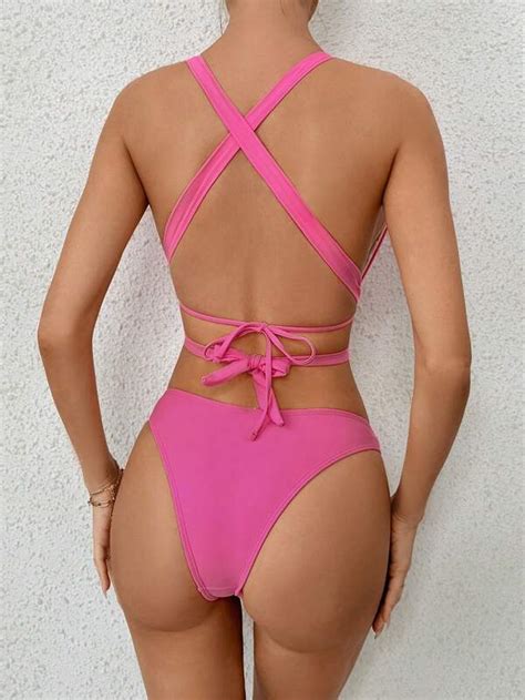 Criss Cross Halter Bikini Swimsuit With Cover Up Shein Usa