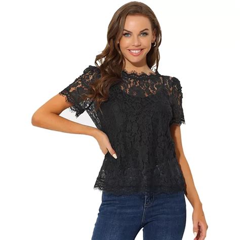 Women S Scalloped Trim Semi Sheer Floral Lace Top