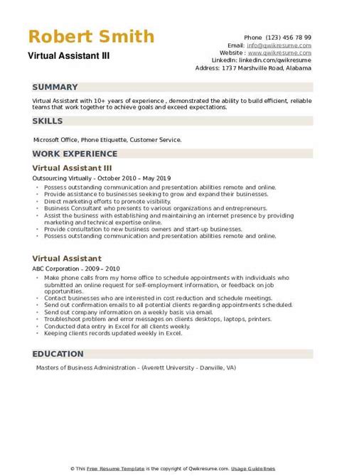 Virtual Assistant Resume Samples Qwikresume