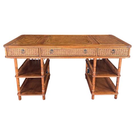 Stylish British Colonial Tommy Bahama Rattan And Bamboo Desk For Sale