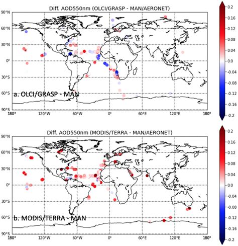 Spatial Distribution Of Differences Of Aod 550 Nm Between Modisterra