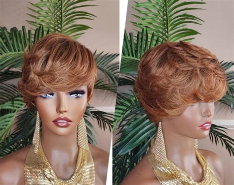 Wig Strawberry Blonde Auburn Black Ombre Color Mix Hair Swoop Bang Pixie Cut Wig Short Hairstyle