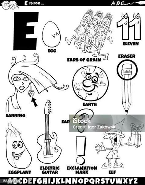 Desenho Animado Com A Letra E - Vetores de Desenho De Letra E Com Objetos De Desenhos Animados E ...