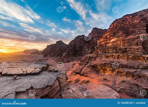 Colorful Sunrise In Wadi Rum Desert Mountains Middle East Desert