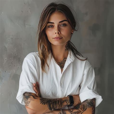 A Woman With Tattoos On Her Arms Stands In Front Of A Painting Of A