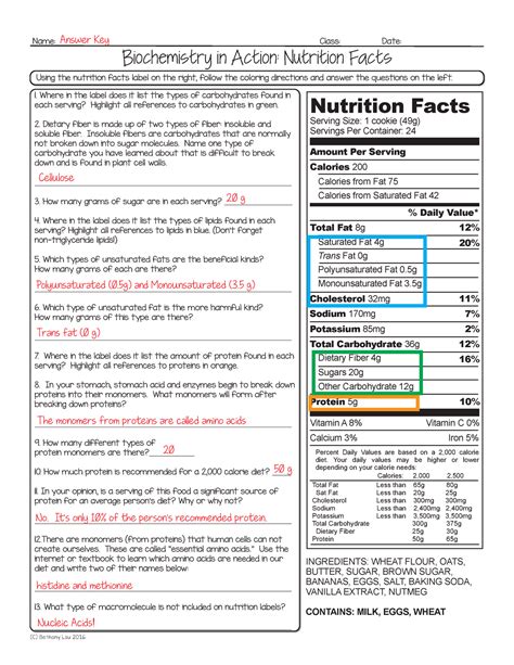 Nutrition Label Worksheet Answer Key Owhentheyanks