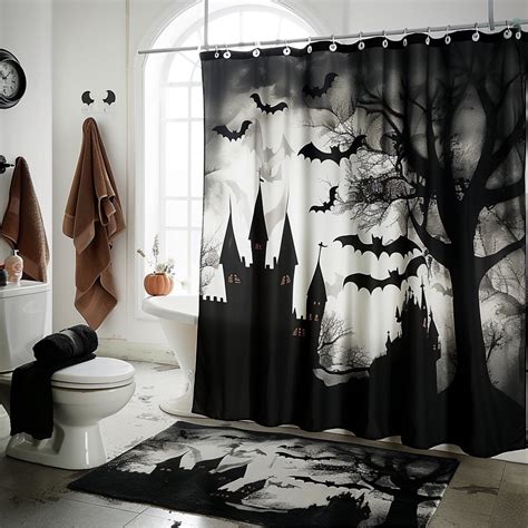 Spooky Elegance Black Bat Shower Curtain With Flying Bats And Haunted