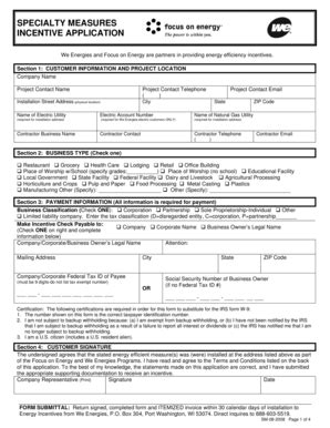 Fillable Online Specialty Measures Incentive Application We Energies