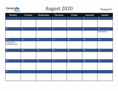 August 2020 Singapore Monthly Calendar With Holidays