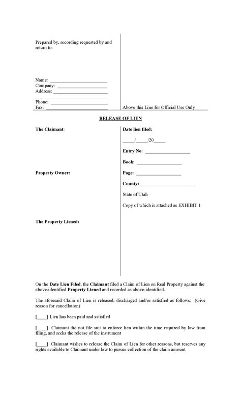 Utah Mechanics Lien Release Form Free Template