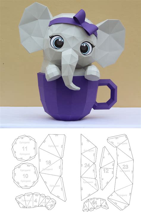 Cute Elephant In Cup 3d Paper Craft Svg And Pdf Low Poly Paper Craft Diy Origami Decoration