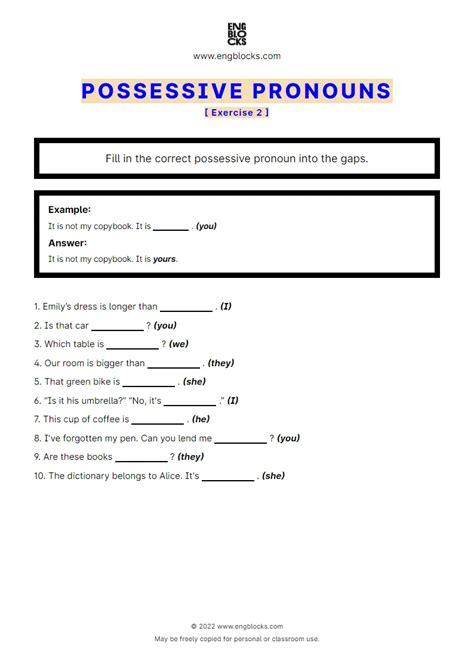 Possessive Pronouns Exercise 1 Worksheet English Grammar