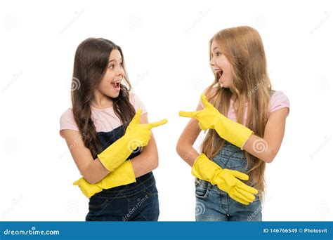 Girls With Yellow Rubber Protective Gloves Ready For Cleaning