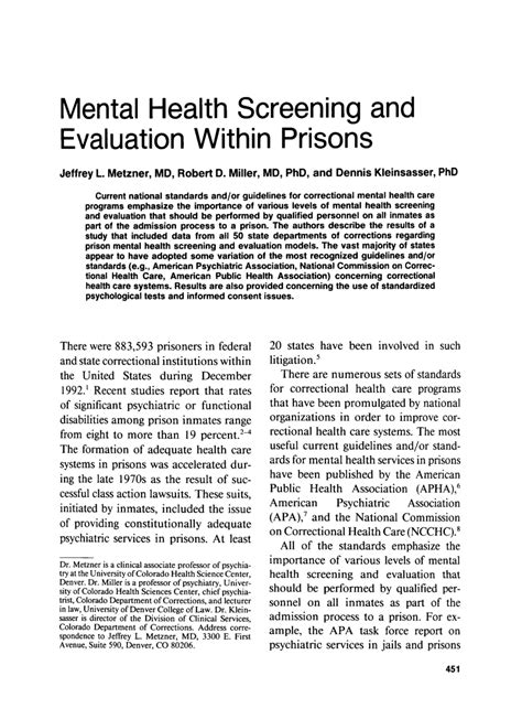 Pdf Mental Health Screening And Evaluation Within Prisons