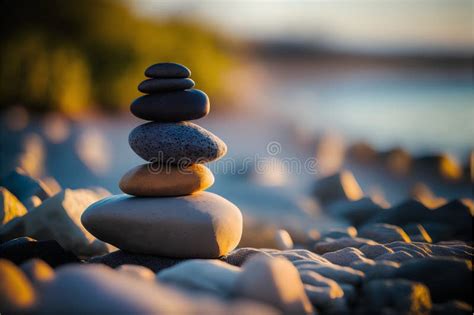 Pile Of Pebbles On The Beach At Sunset Zen Concept Stock Illustration Illustration Of