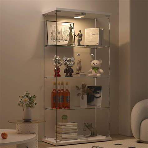 Darget Glass Display Cabinet 4 Shelf 2 Doors With Led Push Light Lockable Glass