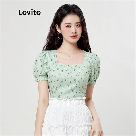 Lovito Camiseta Feminina Casual Estampa Floral Decote Quadrado Manga