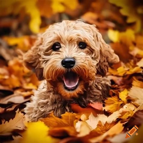 Goldendoodle Jumping In A Pile Of Leaves On Craiyon