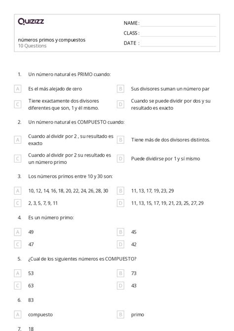 50 Números primos y compuestos hojas de trabajo para Grado 2 en