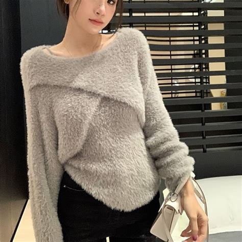 Beem Set Boat Neck Plain Fluffy Crop Sweater Knit Camisole Top