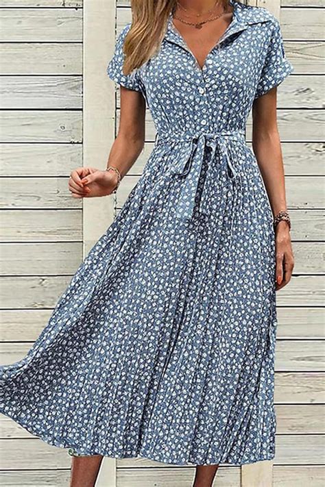 Elegant Shirt Collar Short Sleeve Floral Midi Dress Cherieday