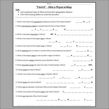 Africa Map Practice Worksheet Find Physical Features And Landforms