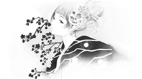 Drawing Illustration Monochrome Anime Girls Cartoon Kimono Hand