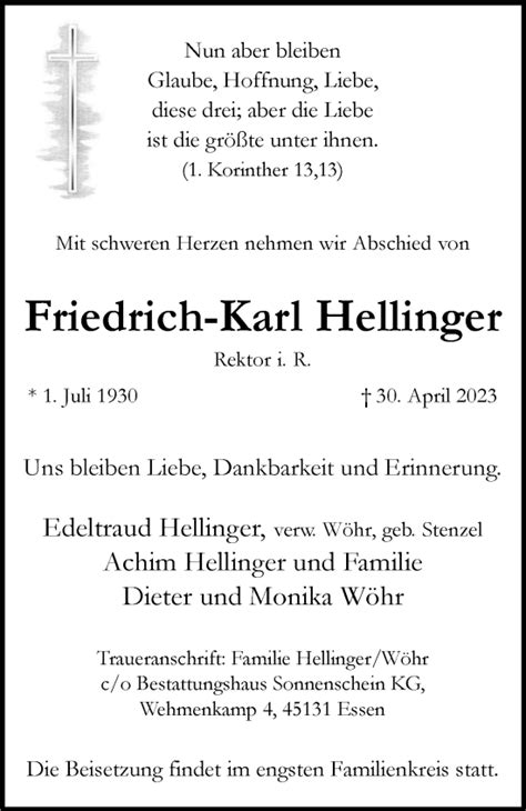 Traueranzeigen Von Friedrich Karl Hellinger Trauer In Nrw De