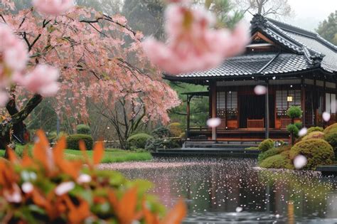 Premium Photo | Tranquil Japanese Tea Garden with Cherry Blossoms