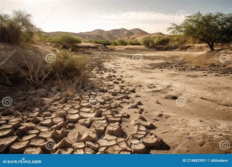 Drought Stricken Landscape With Dried Up Riverbed And Cracked Earth