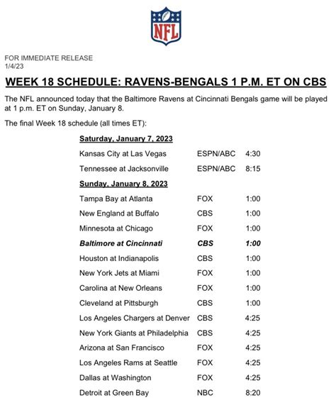 Nfl Week 18 Schedule Printable