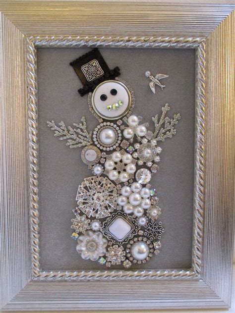 Jeweled Framed Jewelry Art Snowman Snowwoman White Silver Rhinestone