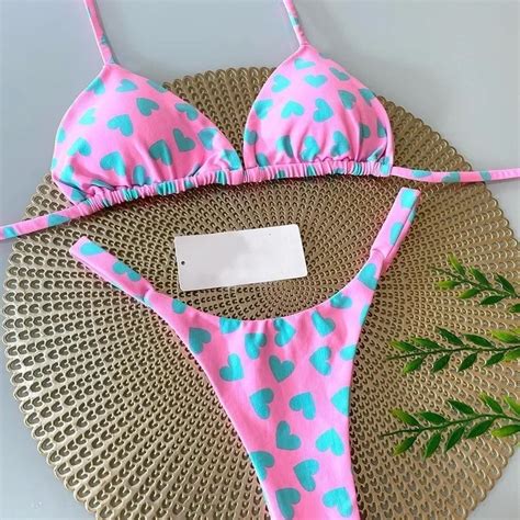 Qinjoyer Pink Swimwear Women Brazilian Bikini Cute Heart Print Swimsuit