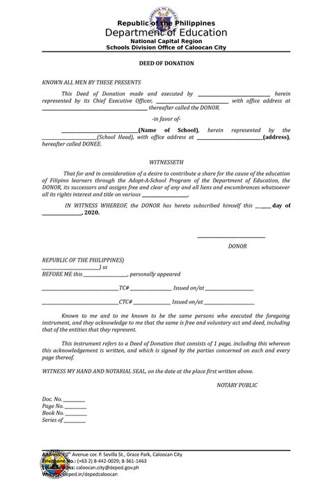 Deed Of Donation And Acceptance Republic Of The Philippines Department Of Education National