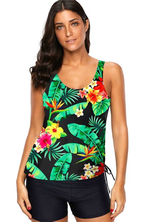 Rotita Drawstring Side Tropical Print Wide Strap Tankini Set Swimwear Outfit Swimwear Beachwear