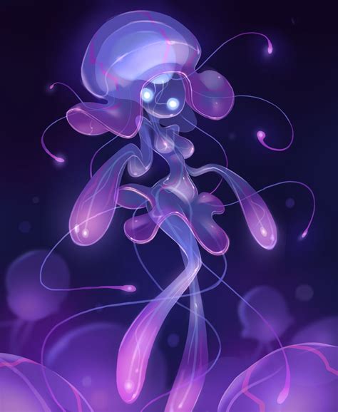 A Purple Jellyfish Floating In The Ocean With Bubbles And Swirls On It