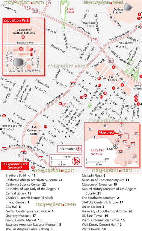 Map of Los Angeles tourist attractions - Downtown guide map of main ...