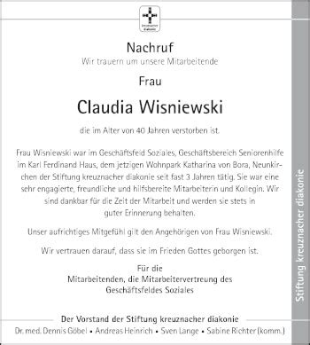 Traueranzeigen Von Claudia Wisniewski Saarbruecker Zeitung Trauer De